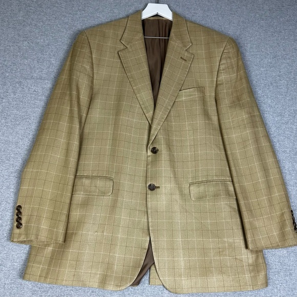 Lauren Ralph Blazer Mens 43 Long Yellow Brown Plaid 100% Silk Sport Coat Jacket - Picture 1 of 15